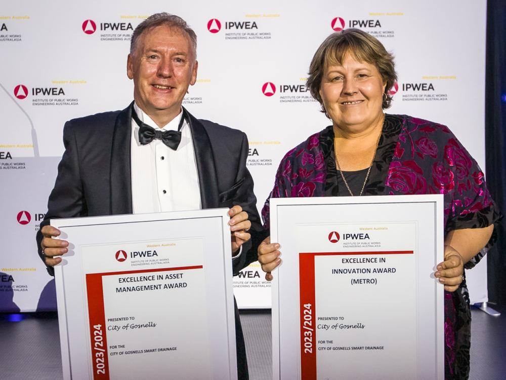 City of Gosnells Mayor Terresa Lynes (right) with Coordinator Engineering Maintenance Greg Duggan and the two IPWEA (WA) awards won by the City on Monday 11 March