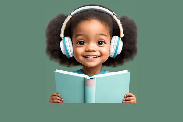 young girl wearing headphones and holding an open book