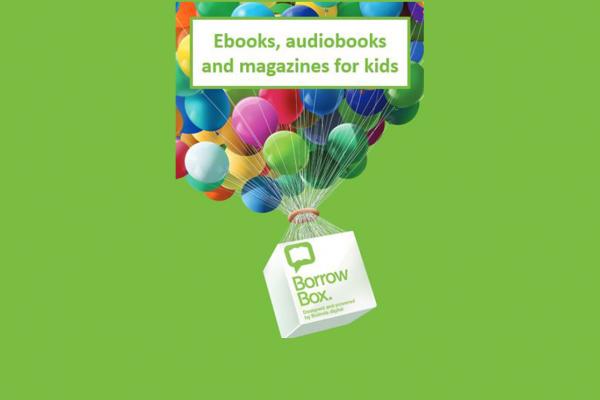 Borrowbox logo carried aloft by many balloons and the words ebooks, audiobooks and magazines for kids