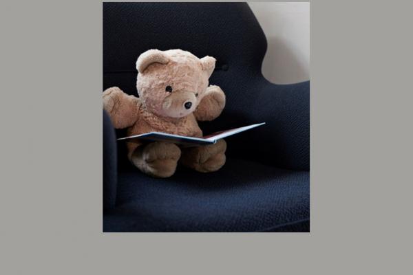 Teddy bear reading a book in an armchair