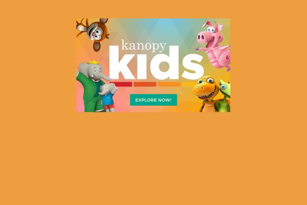 Cartoon characters surrounding the Kanopy Kids heading