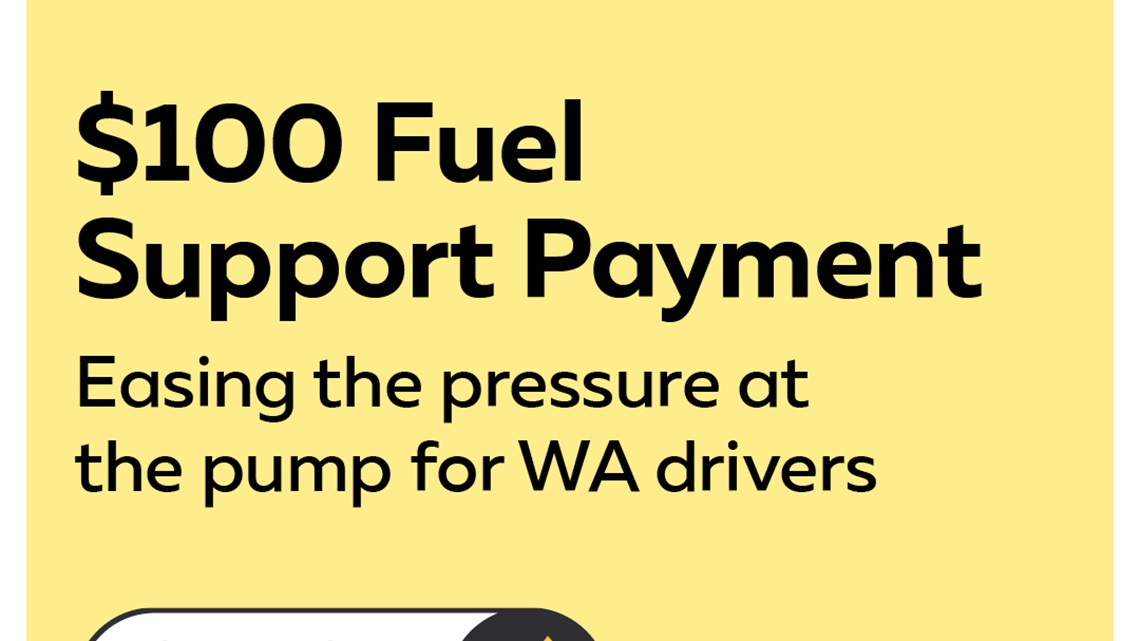 A yellow social media tile advertising the Fuel Support Payment, accessible through the ServiceWA App.
