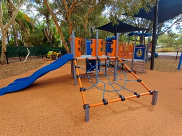Boyle Playground play structure with tree in background