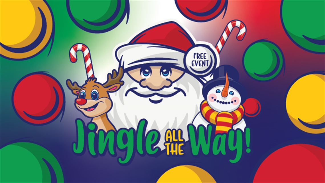 Jingle website graphic with Santa, snowman and reindeer