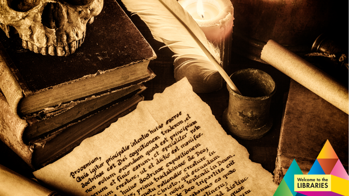 A dark writing desk with books, inkwells, a sheet of parchment, a feathered quill, and a skull