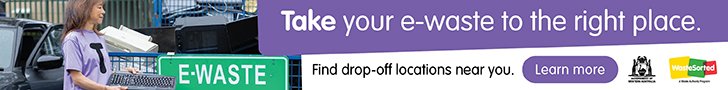 Person unloading electronic items beside a recycling bin, with text reading, “Take your e-waste to the right place.” Banner promotes finding local drop-off locations for e-waste recycling.