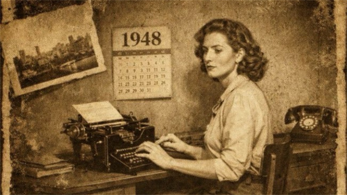 Graphic of a woman sitting at a typewriter. Calendar on her wall reads 