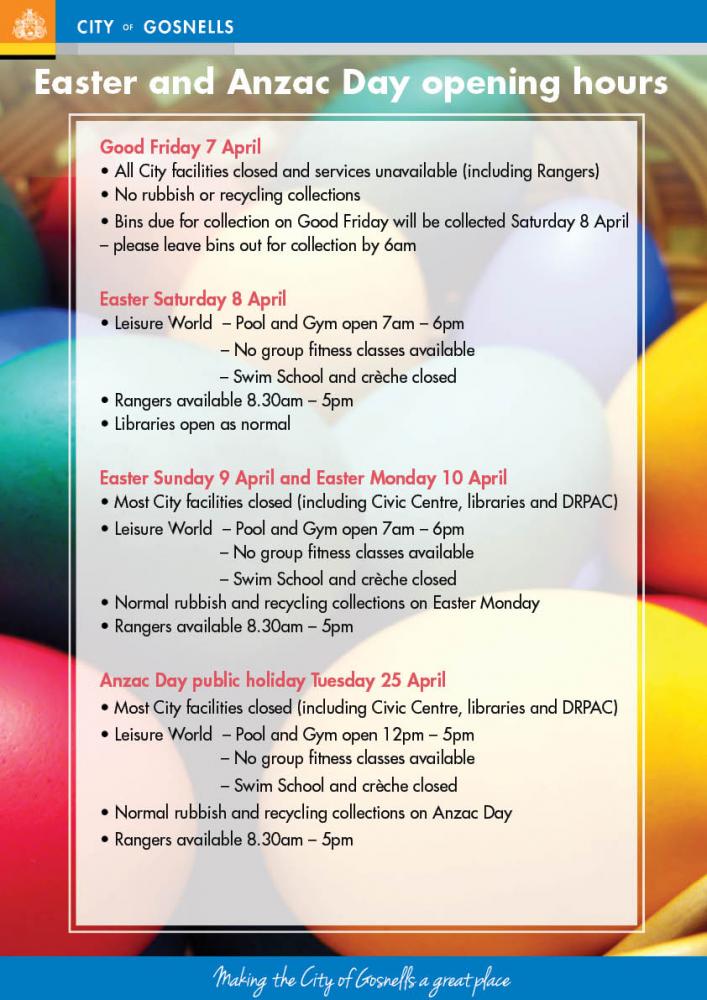 Easter and ANZAC Day Public Holiday Opening Hours
