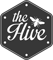 Hexagon Shape Logo with "the Hive" text and bee images