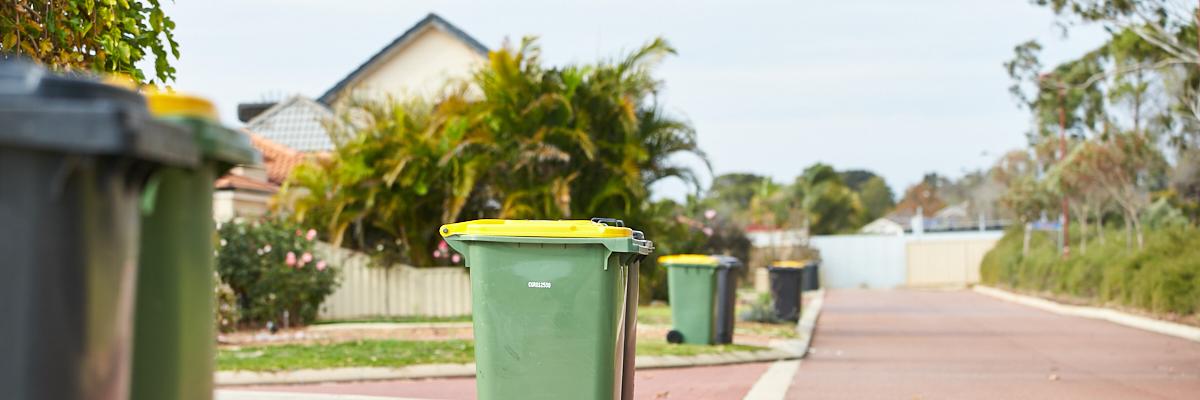 Recycling bins on suburban street