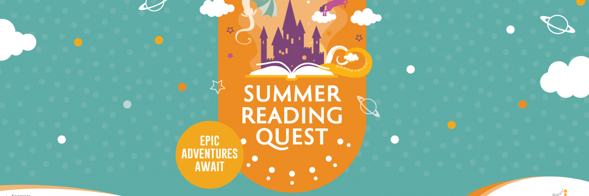 Castle image with other floating images on an orange background against a teal backdrop, with the words Summer Reading Quest