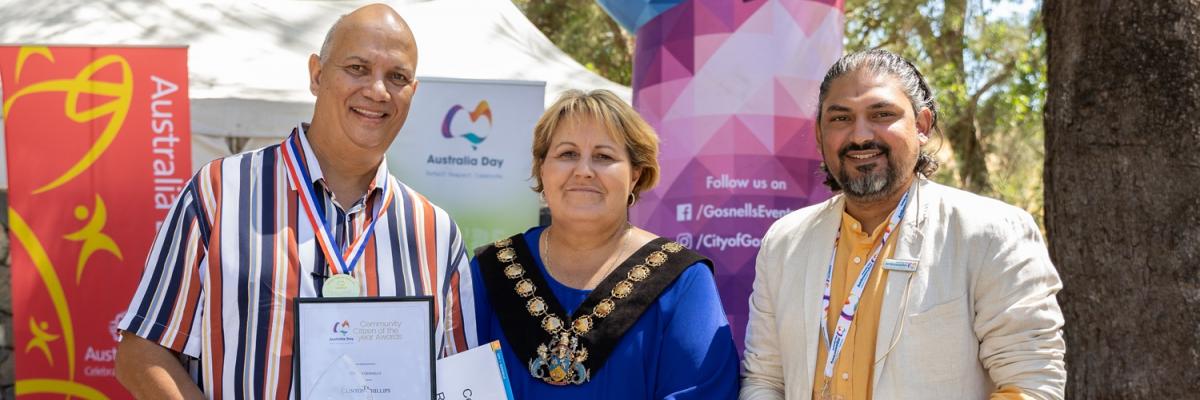 Community Citizen of the Year Clinton Phillips with Mayor Terresa Lynes and Australia Day Ambassador Nilesh Makwana 2022 cropped
