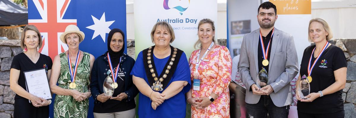 Mayor Terresa Lynes (centre) with 2023 Community Citizen of the Year Award winners – Forest Lakes Thornlie Family Centre representative Tracy Sartori (Active Citizenship winner), Senior Citizen of the Year Dorothy Burke, Citizen of the Year Jawaria Mahmood, Australia Day Ambassador Janine Wood, Young Citizen of the Year Samuel Thomas and Forest Lakes Thornlie Family Centre representative Kristy Campbell (Active Citizenship winner).