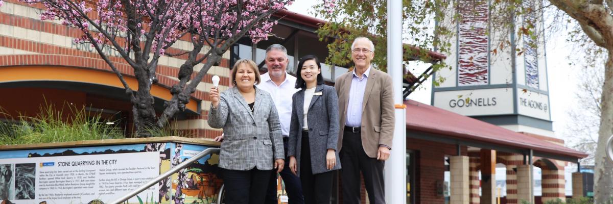 City of Gosnells Mayor Terresa Lynes with Cr Glenn Dewhurst, Cr Emma Zhang and Cr Peter Abetz outside the Agonis in Gosnells, one of the City facilities to receive new LED lighting and photovoltaic panels.