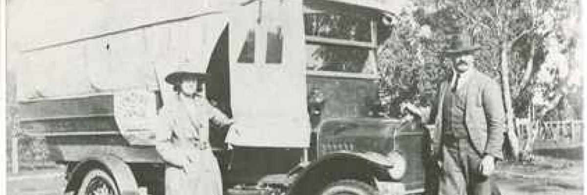 Miss Grace Michel, Mr Baumberger and his bus circa 1924