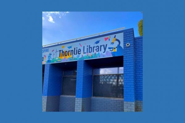 Thornlie library external view of the frieze signage