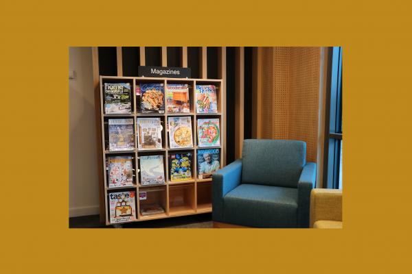 Magazine display shelves at Mills Park Library
