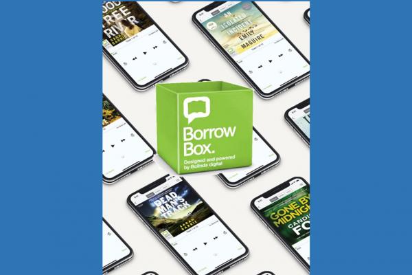 borrowbox logo overlaying audiobooks on a mobile phone