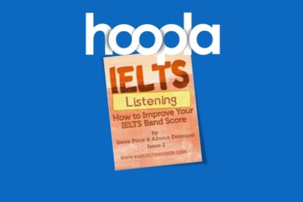 Hoopla logo and cover page of an IELTS ebook