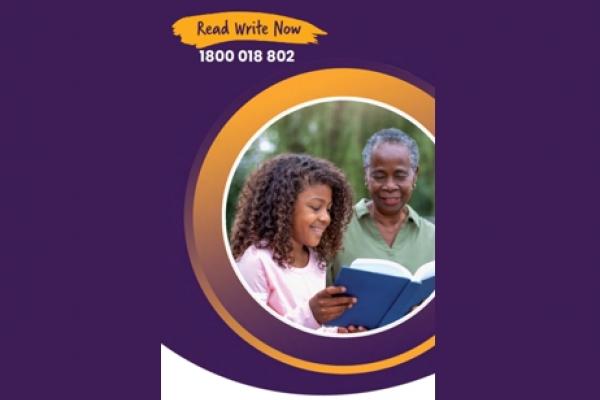Logo for Read Write Now organisation with a woman and girl reading a book