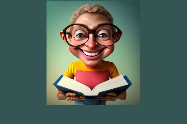 cartoon woman with glasses reading a book