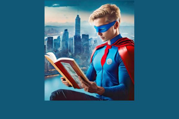 AI-generated male superhero reading a graphic novel