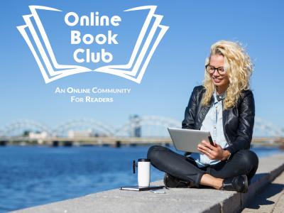 Online book club logo plus a woman reading from a tablet