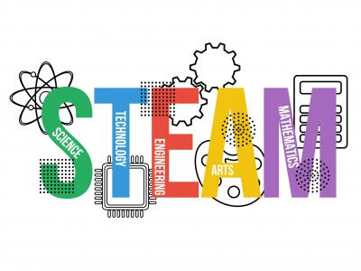 Steam acronym spelled out (Science Technology Engineering Arts Mathematics) in coloured letters with some blaco and white images in the back anf foreground.