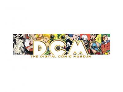 a mix of comic characters behind the letters DCM