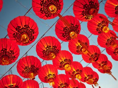 Red lanterns against a blue sky