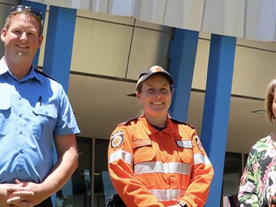 City of Gosnells Bushfire Mitigation Officer and volunteer fire  fighter Jaydon Bowen, Ranger and SES Canine Unit volunteer Cara and her SES search dog Rusty, with Mayor Terresa Lynes.
