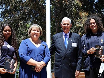 Mayor Terresa Lynes and Freeman of the City Dr Robert  Isaacs with Kitana Allen and Beau Yarran from Yule Brook College.