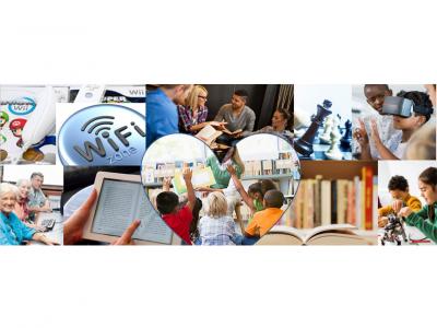 range of images relevant to libraries including technology activities and books