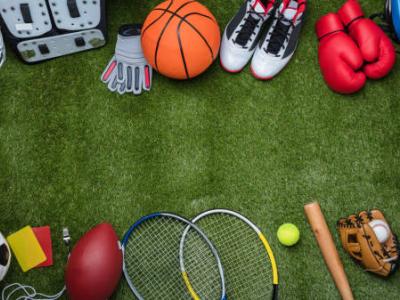 A range of sporting equipment pieces laid out in two straight lines on a grassed area.