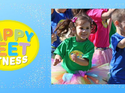 Happy Feet Fitness text and image of children exercising.