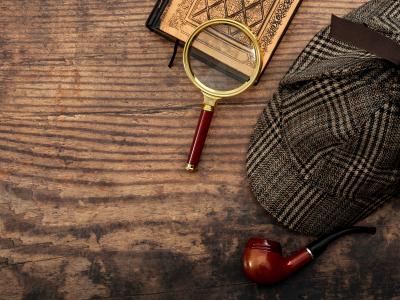 Image of magnifying glass, cap, notebook and pipe, indicating a detective.