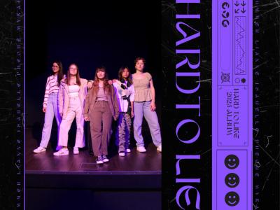 5 Female band members in trendy clothing standing on a stage close together. the image is surrounded by purple graphics with the words Hard to Lie in large lettering. There is a border around the image which consists of the bands member names.