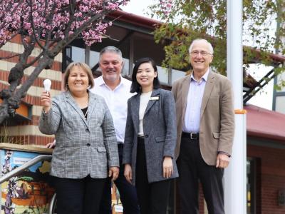 City of Gosnells Mayor Terresa Lynes with Cr Glenn Dewhurst, Cr Emma Zhang and Cr Peter Abetz outside the Agonis in Gosnells, one of the City facilities to receive new LED lighting and photovoltaic panels.