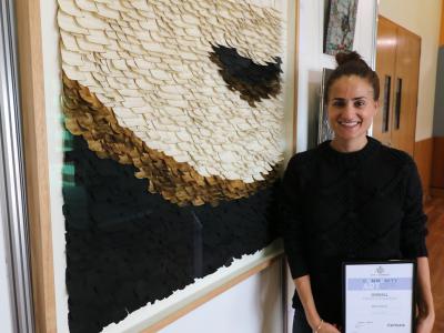  Last year’s winner of the $5,000 Overall Award (Acquisitive) Tatiana Amaral with her artwork The Dark Gold. Photo credit – City of Gosnells