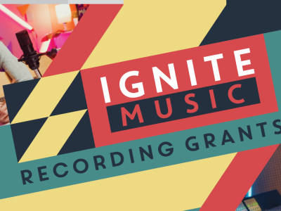 Colourful abstract shapes with the words "Ignite Music Recording Grants"