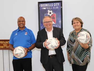 Gosnells City Football Sporting and Social Club  President Ossie Pereira with Minister for Culture and the Arts, Sport and Recreation, International Education and Heritage David Templeman and City of Gosnells Mayor Terresa Lynes at  the opening of Cassidy Pavilion in Thornlie.