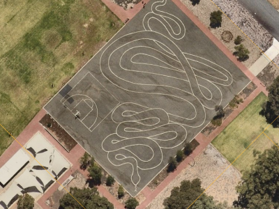 Overhead view of snake painted onto large hardstand at Holling Park